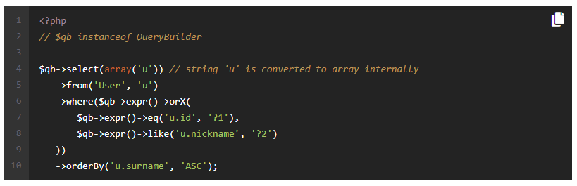 Doctrine documentation for the expression builder