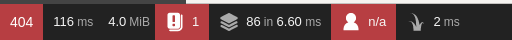 The profiler bar on the welcome page for Symfony displays a 404 error. This is a success for the installation.