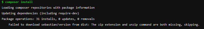 composer install console output, showing missing zip and unzip libraries