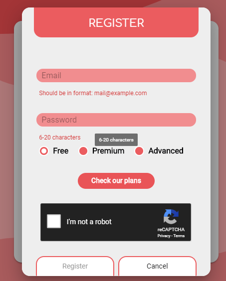 cula.io registration form showing the password requirement of 6-20 characters