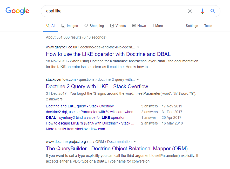 Google search results for the query "dbal like" - my website is top of the list