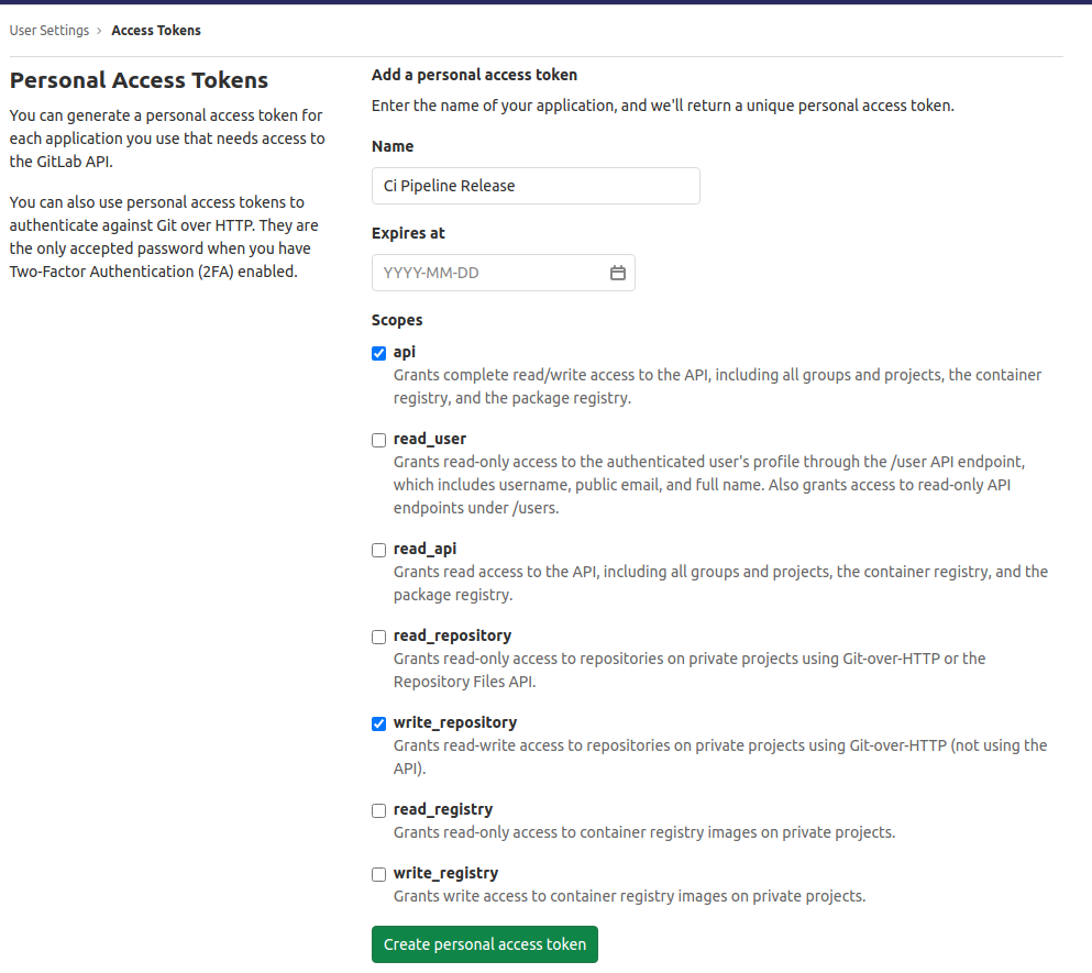 The GitLab personal access token page with 'api' and 'write_repository' permission selected