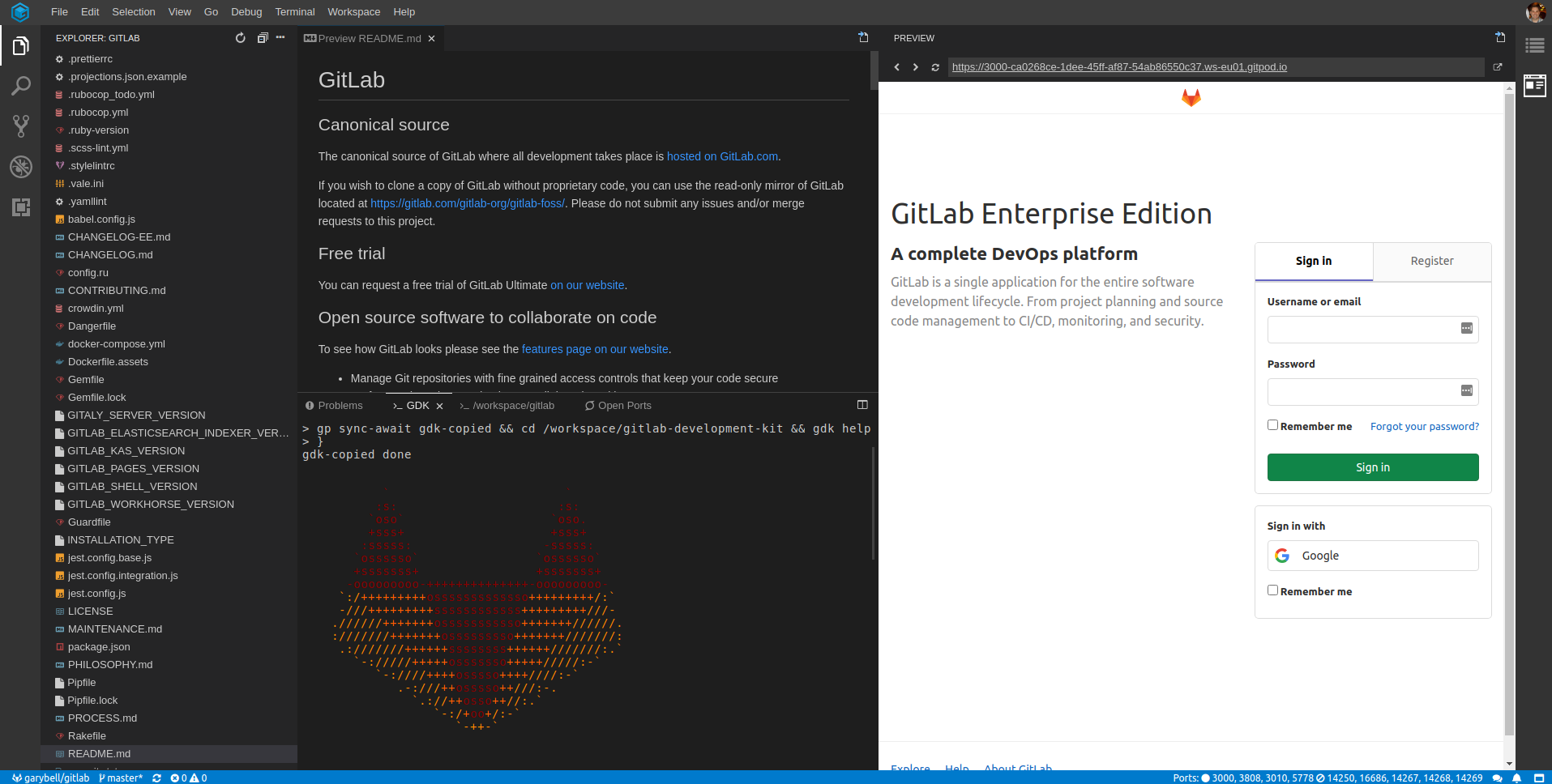 GitLab GDK within Gitpod. The README file is showing on a split screen with the login screen.