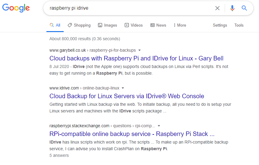 Google search results for "raspberry pi idrive". I rank number 1