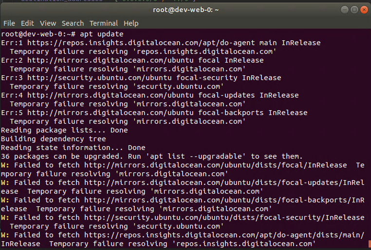 Terminal output from a Ubuntu server. Mirror repositories for updates are unable to be resolved