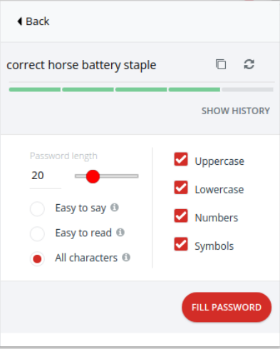 LastPass password generator showing the strength for the password "correct horse battery staple"