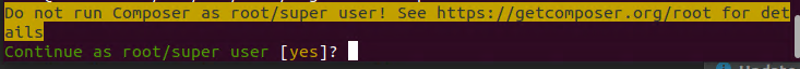 Composer on the terminal asking if you want to continue the install using the root user.