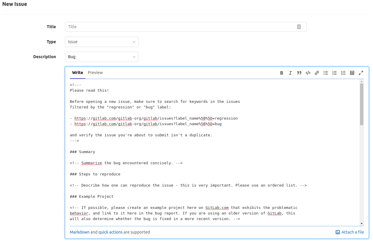 Issue templates drop down listing various selectable templates
Once a template has been selected, the description box will be populated with the content of the template ready for completion.
![The description box is populated by the content of the Bug template when it has been selected